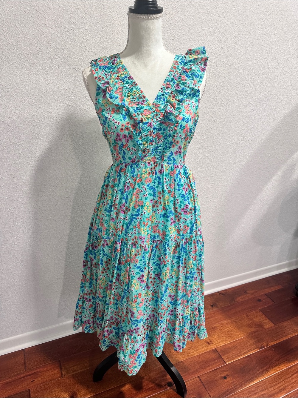 J. Crew Aqua Floral Ruffle V-Neck Tiered Midi Dress